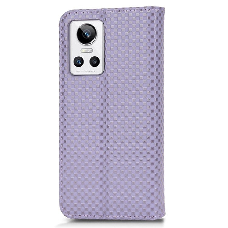For Realme GT Neo3 Grid Texture PU Leather Stand Case Well-protected Magnetic Auto-absorbed Cell Phone Wallet Cover - Light Purple
