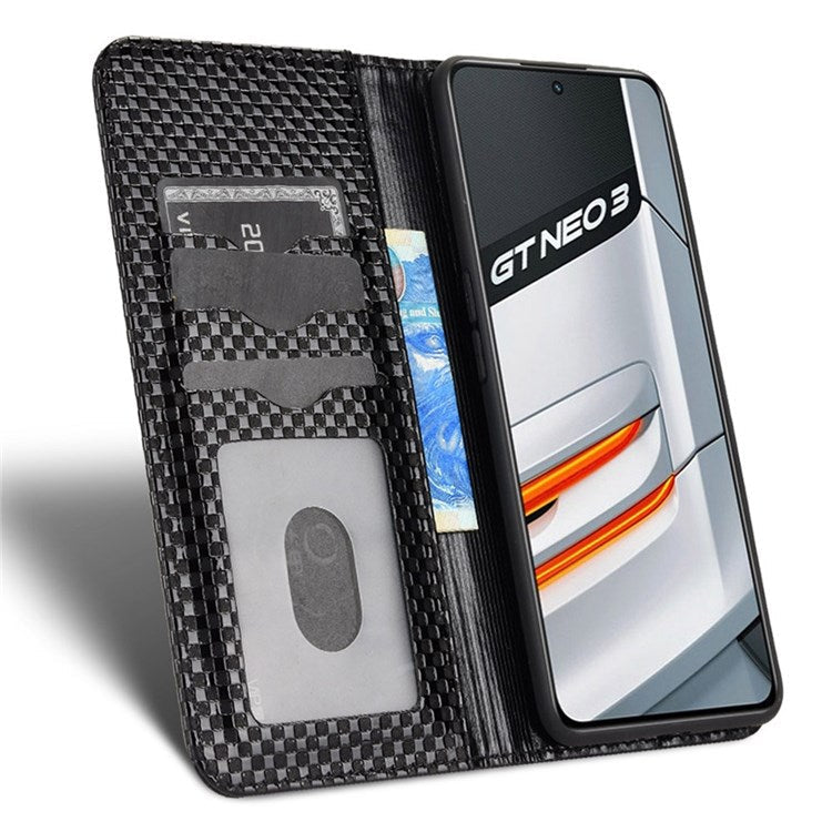 For Realme GT Neo3 Grid Texture PU Leather Stand Case Well-protected Magnetic Auto-absorbed Cell Phone Wallet Cover - Black