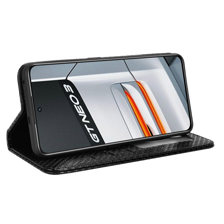 For Realme GT Neo3 Grid Texture PU Leather Stand Case Well-protected Magnetic Auto-absorbed Cell Phone Wallet Cover - Black