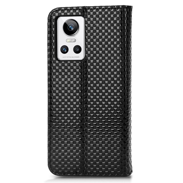 For Realme GT Neo3 Grid Texture PU Leather Stand Case Well-protected Magnetic Auto-absorbed Cell Phone Wallet Cover - Black