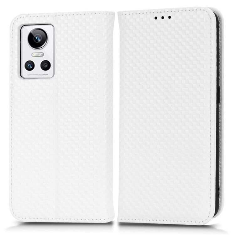 For Realme GT Neo3 Grid Texture PU Leather Stand Case Well-protected Magnetic Auto-absorbed Cell Phone Wallet Cover - White
