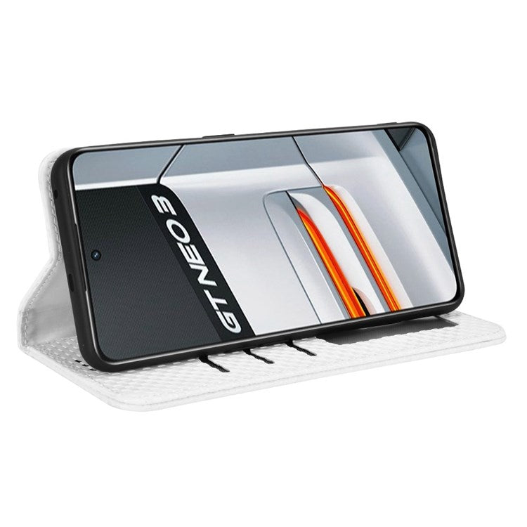 For Realme GT Neo3 Grid Texture PU Leather Stand Case Well-protected Magnetic Auto-absorbed Cell Phone Wallet Cover - White