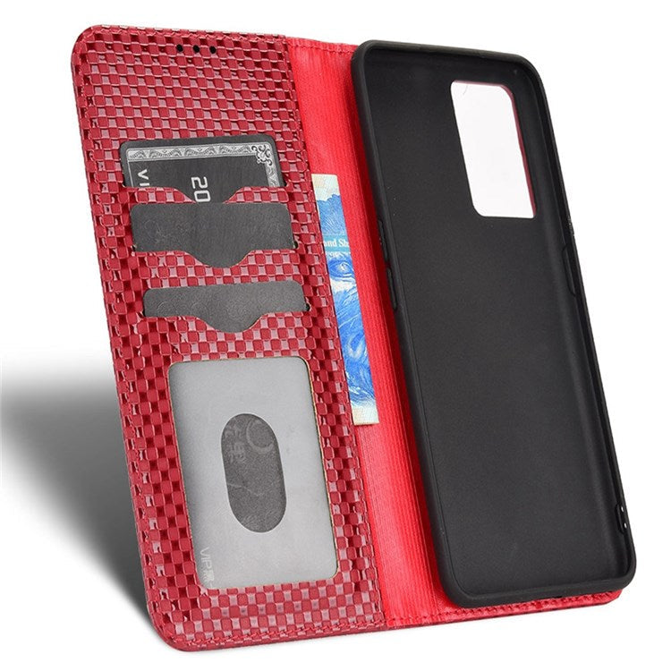 For Realme GT Neo3 Grid Texture PU Leather Stand Case Well-protected Magnetic Auto-absorbed Cell Phone Wallet Cover - Wine Red