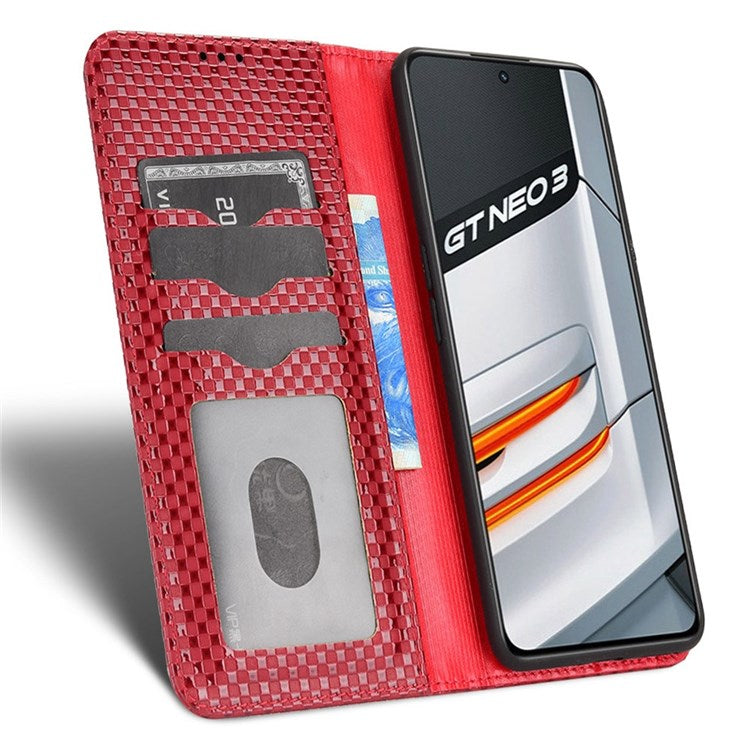 For Realme GT Neo3 Grid Texture PU Leather Stand Case Well-protected Magnetic Auto-absorbed Cell Phone Wallet Cover - Wine Red