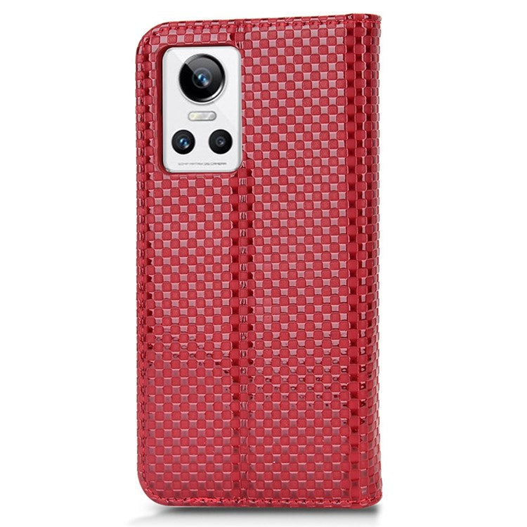 For Realme GT Neo3 Grid Texture PU Leather Stand Case Well-protected Magnetic Auto-absorbed Cell Phone Wallet Cover - Wine Red