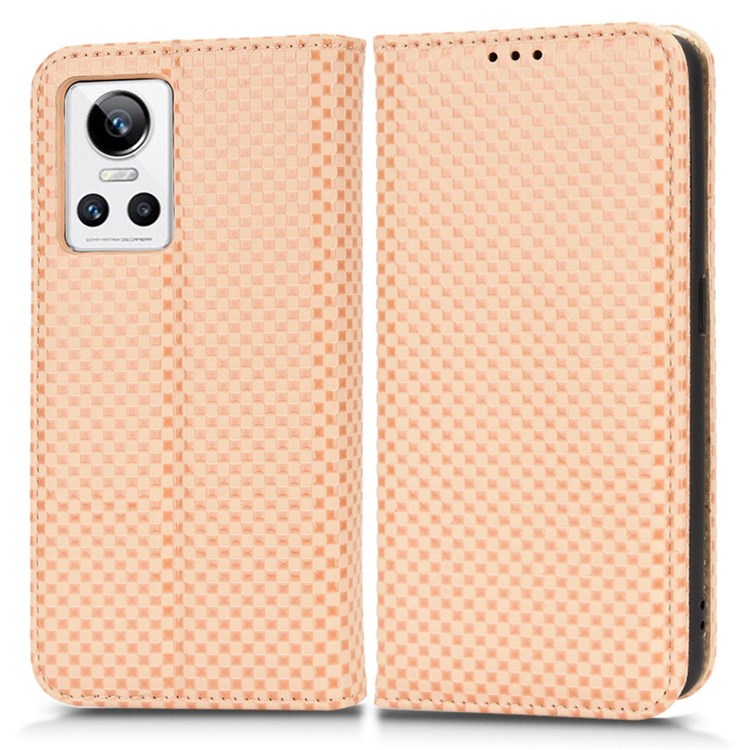 For Realme GT Neo3 Grid Texture PU Leather Stand Case Well-protected Magnetic Auto-absorbed Cell Phone Wallet Cover - Beige