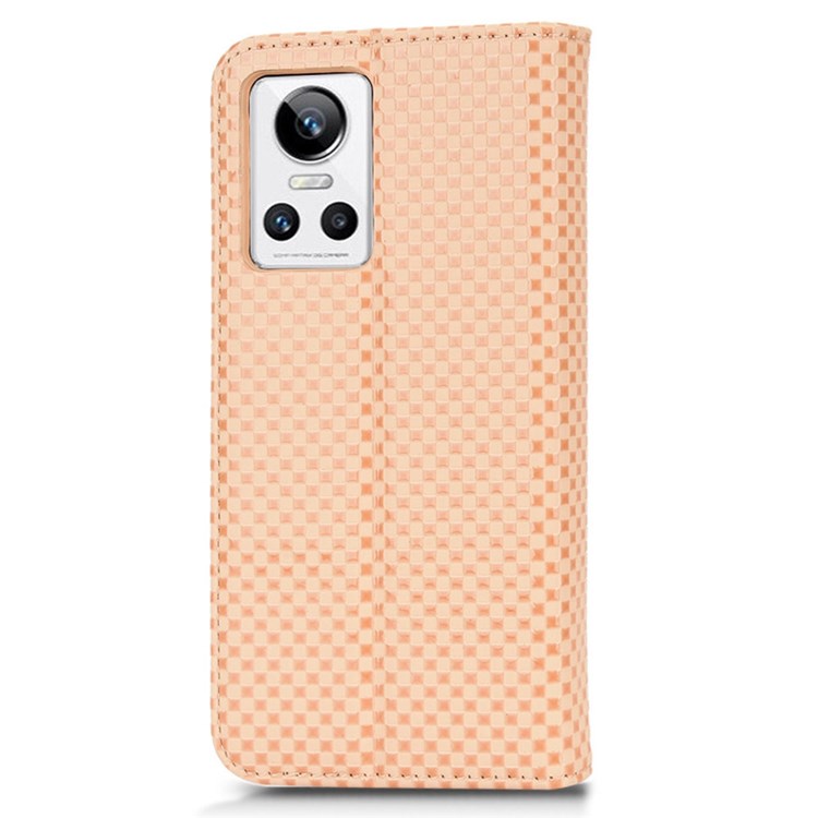 For Realme GT Neo3 Grid Texture PU Leather Stand Case Well-protected Magnetic Auto-absorbed Cell Phone Wallet Cover - Beige