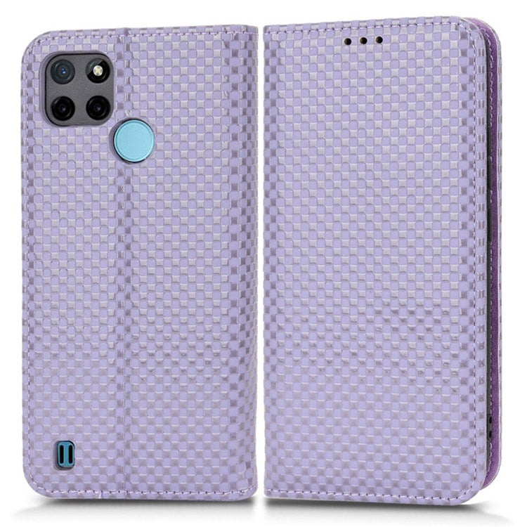For Realme C21Y  /  C25Y Magnetic Auto-absorbed Full Protection Phone Wallet Cover Anti-scratch Grid Texture PU Leather Stand Case - Light Purple