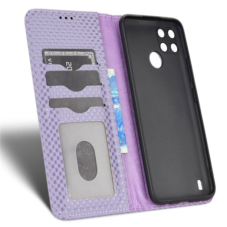 For Realme C21Y  /  C25Y Magnetic Auto-absorbed Full Protection Phone Wallet Cover Anti-scratch Grid Texture PU Leather Stand Case - Light Purple