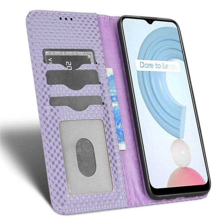 For Realme C21Y  /  C25Y Magnetic Auto-absorbed Full Protection Phone Wallet Cover Anti-scratch Grid Texture PU Leather Stand Case - Light Purple