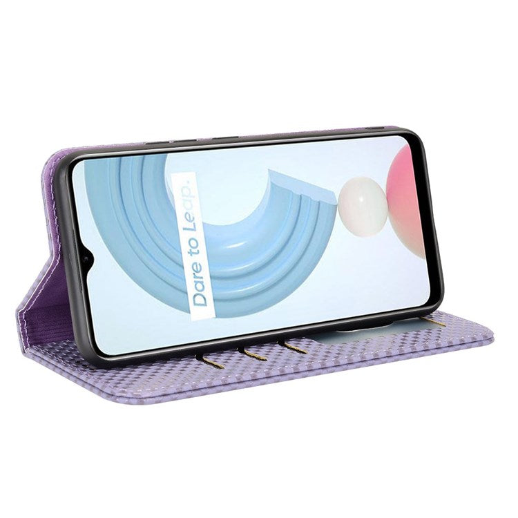 For Realme C21Y  /  C25Y Magnetic Auto-absorbed Full Protection Phone Wallet Cover Anti-scratch Grid Texture PU Leather Stand Case - Light Purple