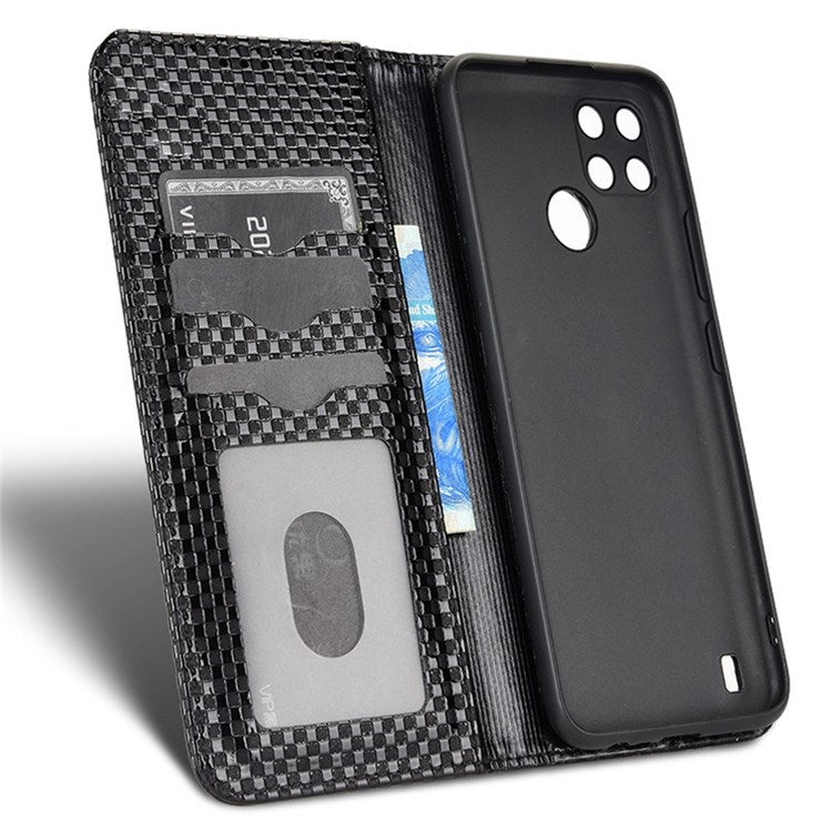 For Realme C21Y  /  C25Y Magnetic Auto-absorbed Full Protection Phone Wallet Cover Anti-scratch Grid Texture PU Leather Stand Case - Black