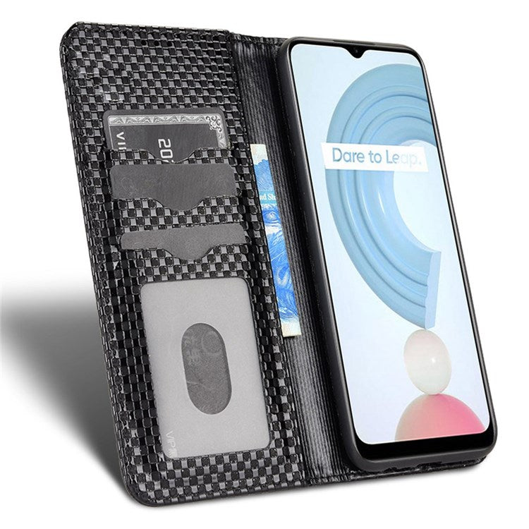 For Realme C21Y  /  C25Y Magnetic Auto-absorbed Full Protection Phone Wallet Cover Anti-scratch Grid Texture PU Leather Stand Case - Black