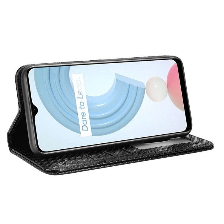 For Realme C21Y  /  C25Y Magnetic Auto-absorbed Full Protection Phone Wallet Cover Anti-scratch Grid Texture PU Leather Stand Case - Black