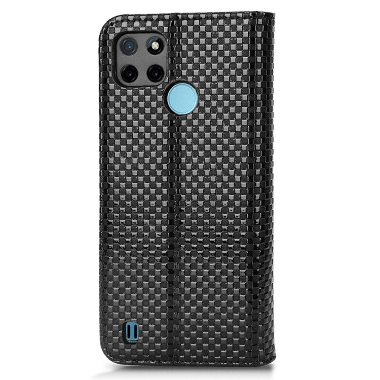 For Realme C21Y  /  C25Y Magnetic Auto-absorbed Full Protection Phone Wallet Cover Anti-scratch Grid Texture PU Leather Stand Case - Black