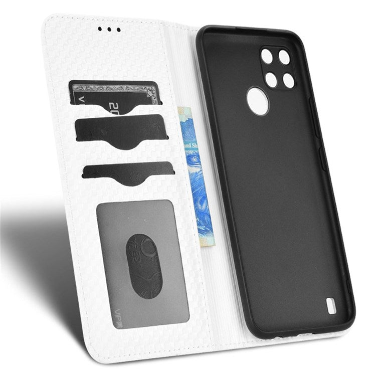For Realme C21Y  /  C25Y Magnetic Auto-absorbed Full Protection Phone Wallet Cover Anti-scratch Grid Texture PU Leather Stand Case - White