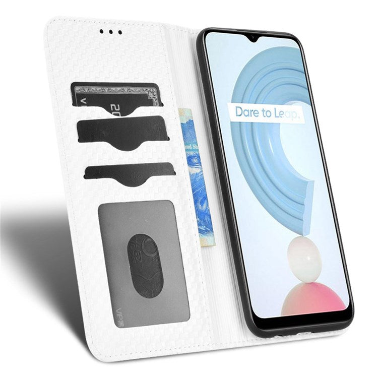 For Realme C21Y  /  C25Y Magnetic Auto-absorbed Full Protection Phone Wallet Cover Anti-scratch Grid Texture PU Leather Stand Case - White