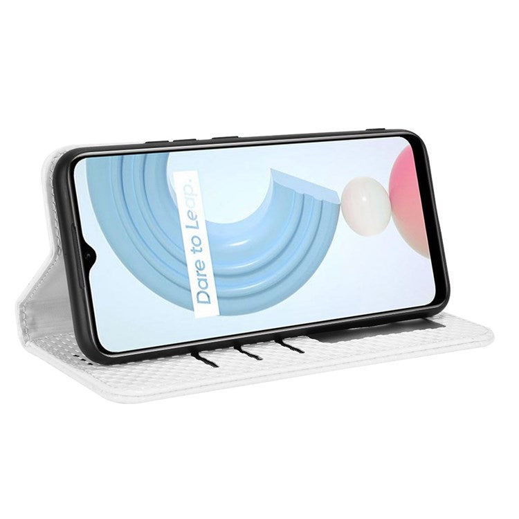 For Realme C21Y  /  C25Y Magnetic Auto-absorbed Full Protection Phone Wallet Cover Anti-scratch Grid Texture PU Leather Stand Case - White