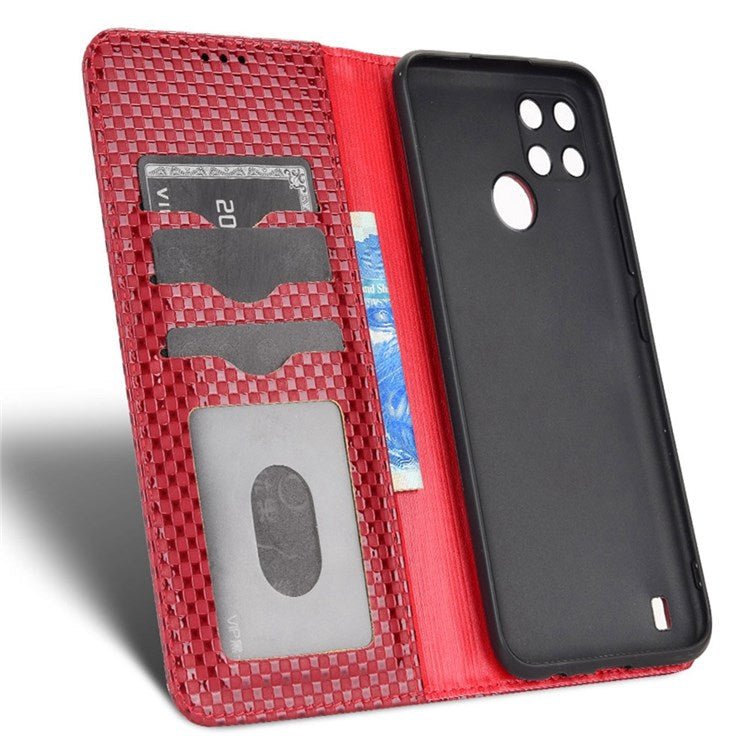 For Realme C21Y  /  C25Y Magnetic Auto-absorbed Full Protection Phone Wallet Cover Anti-scratch Grid Texture PU Leather Stand Case - Wine Red