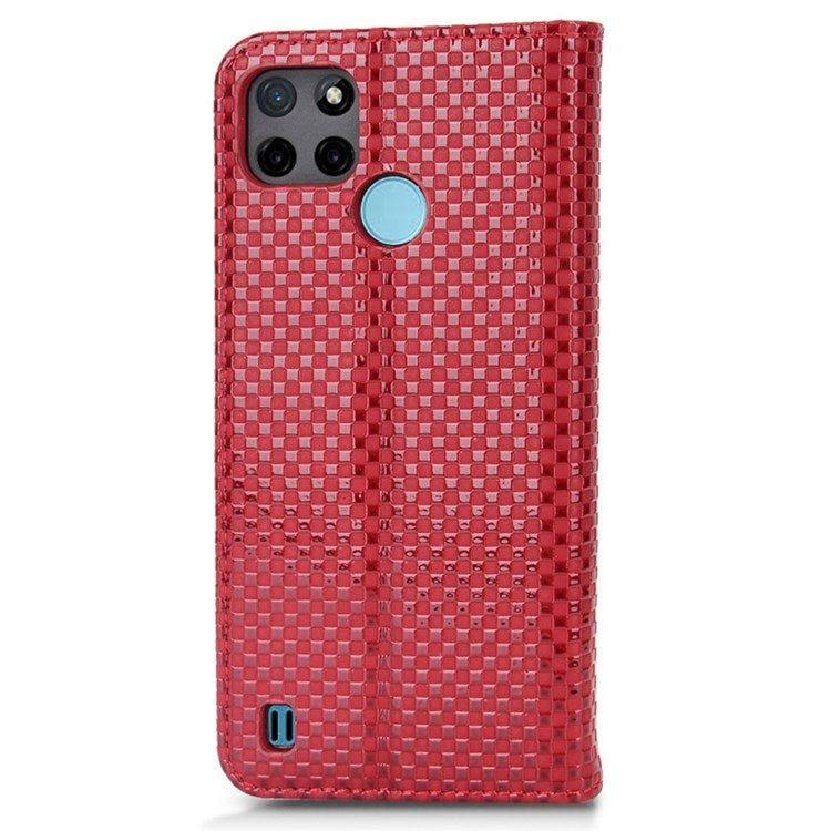 For Realme C21Y  /  C25Y Magnetic Auto-absorbed Full Protection Phone Wallet Cover Anti-scratch Grid Texture PU Leather Stand Case - Wine Red
