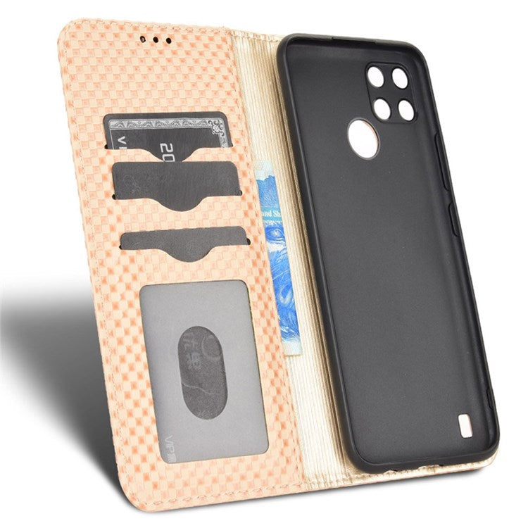 For Realme C21Y  /  C25Y Magnetic Auto-absorbed Full Protection Phone Wallet Cover Anti-scratch Grid Texture PU Leather Stand Case - Beige
