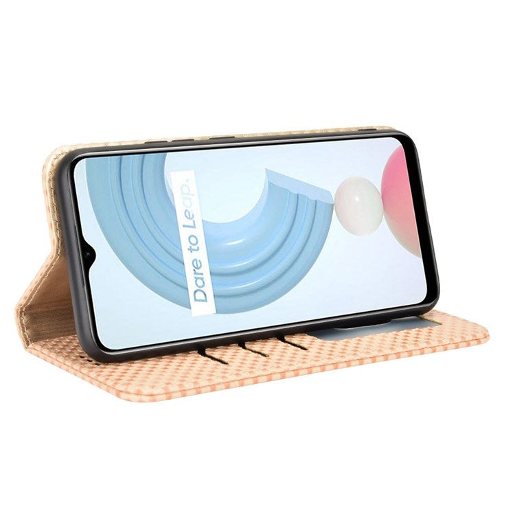 For Realme C21Y  /  C25Y Magnetic Auto-absorbed Full Protection Phone Wallet Cover Anti-scratch Grid Texture PU Leather Stand Case - Beige