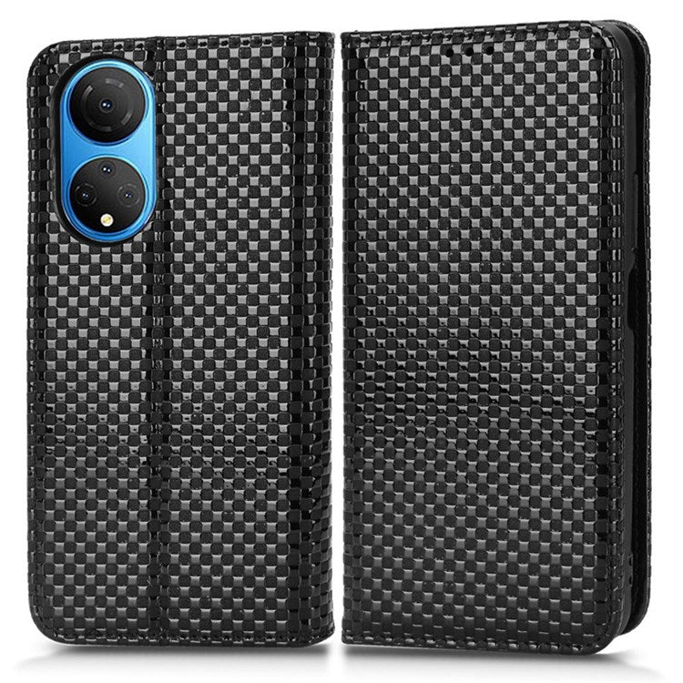 For Honor X7 Strong Magnetic Auto-absorbed Grid Texture PU Leather Stand Cell Phone Case Wallet Cover - Black