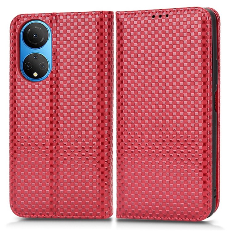 For Honor X7 Strong Magnetic Auto-absorbed Grid Texture PU Leather Stand Cell Phone Case Wallet Cover - Wine Red