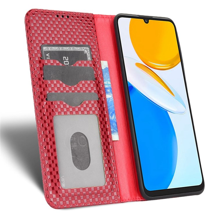 For Honor X7 Strong Magnetic Auto-absorbed Grid Texture PU Leather Stand Cell Phone Case Wallet Cover - Wine Red