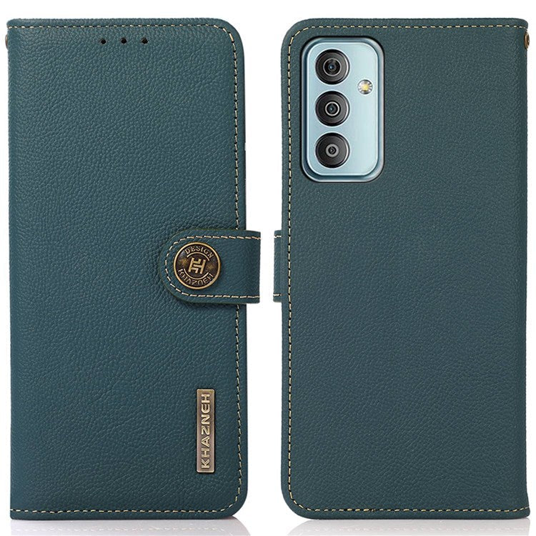 KHAZNEH For Samsung Galaxy M13 4G Anti-fall Magnetic Genuine Leather Wallet Style Anti-wear Phone Case RFID Blocking TPU Stand Cover - Green