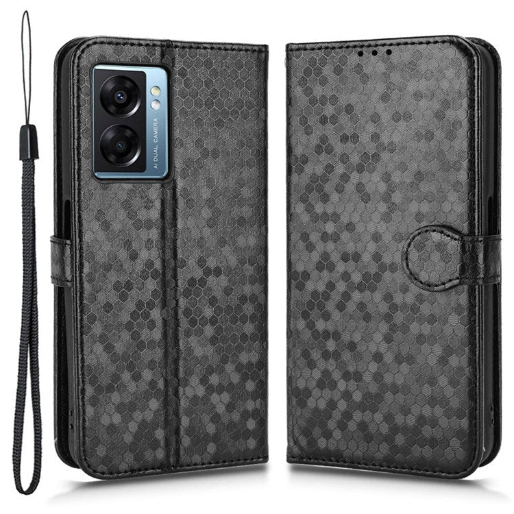 For Realme Narzo 50 5G / V23 5G / Oppo A57 (2022) 5G / A77 5G / OnePlus Nord N300 5G Cell Phone Shell Bag Imprinted Dot Pattern PU Leather Wallet Stand Folio Phone Case - Black