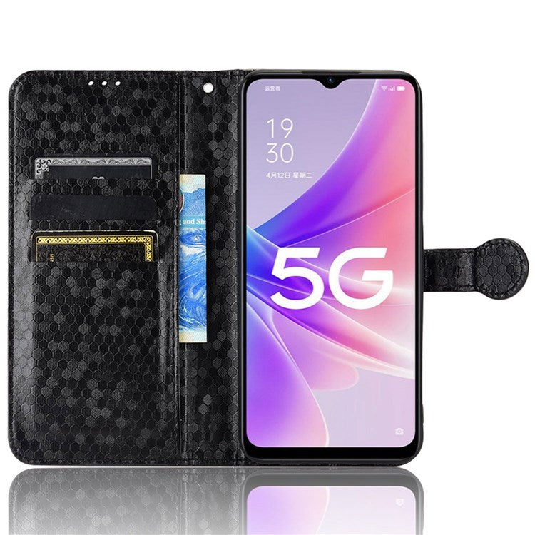 For Realme Narzo 50 5G / V23 5G / Oppo A57 (2022) 5G / A77 5G / OnePlus Nord N300 5G Cell Phone Shell Bag Imprinted Dot Pattern PU Leather Wallet Stand Folio Phone Case - Black