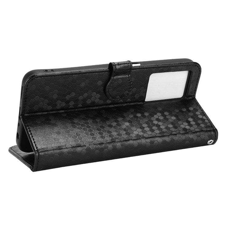 For Realme Narzo 50 5G / V23 5G / Oppo A57 (2022) 5G / A77 5G / OnePlus Nord N300 5G Cell Phone Shell Bag Imprinted Dot Pattern PU Leather Wallet Stand Folio Phone Case - Black