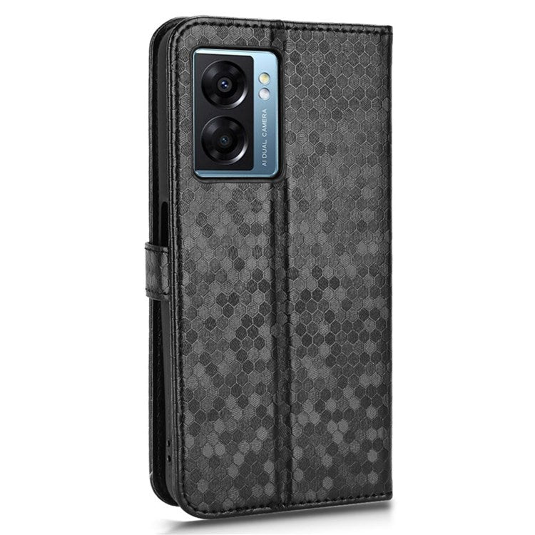 For Realme Narzo 50 5G / V23 5G / Oppo A57 (2022) 5G / A77 5G / OnePlus Nord N300 5G Cell Phone Shell Bag Imprinted Dot Pattern PU Leather Wallet Stand Folio Phone Case - Black