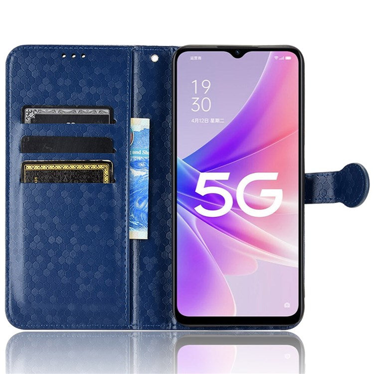 For Realme Narzo 50 5G / V23 5G / Oppo A57 (2022) 5G / A77 5G / OnePlus Nord N300 5G Cell Phone Shell Bag Imprinted Dot Pattern PU Leather Wallet Stand Folio Phone Case - Dark Blue
