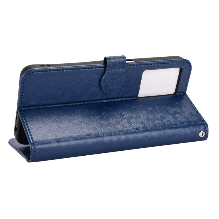 For Realme Narzo 50 5G / V23 5G / Oppo A57 (2022) 5G / A77 5G / OnePlus Nord N300 5G Cell Phone Shell Bag Imprinted Dot Pattern PU Leather Wallet Stand Folio Phone Case - Dark Blue