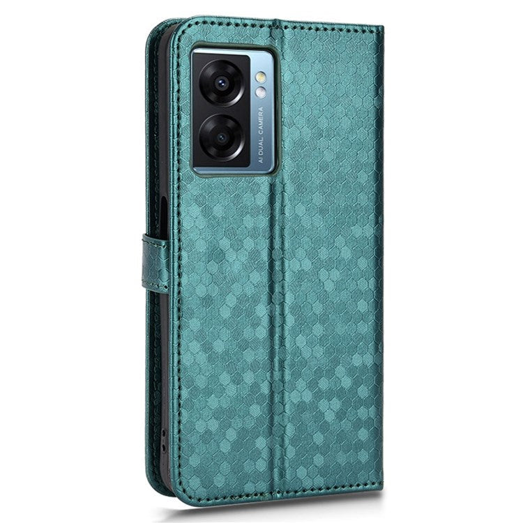 For Realme Narzo 50 5G / V23 5G / Oppo A57 (2022) 5G / A77 5G / OnePlus Nord N300 5G Cell Phone Shell Bag Imprinted Dot Pattern PU Leather Wallet Stand Folio Phone Case - Green
