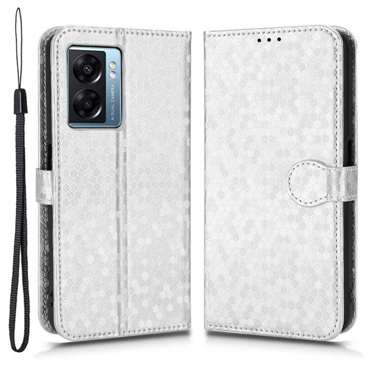 For Realme Narzo 50 5G / V23 5G / Oppo A57 (2022) 5G / A77 5G / OnePlus Nord N300 5G Cell Phone Shell Bag Imprinted Dot Pattern PU Leather Wallet Stand Folio Phone Case - Silver