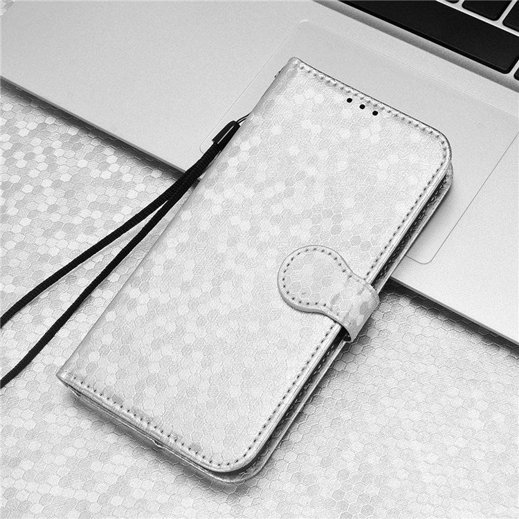 For Realme Narzo 50 5G / V23 5G / Oppo A57 (2022) 5G / A77 5G / OnePlus Nord N300 5G Cell Phone Shell Bag Imprinted Dot Pattern PU Leather Wallet Stand Folio Phone Case - Silver