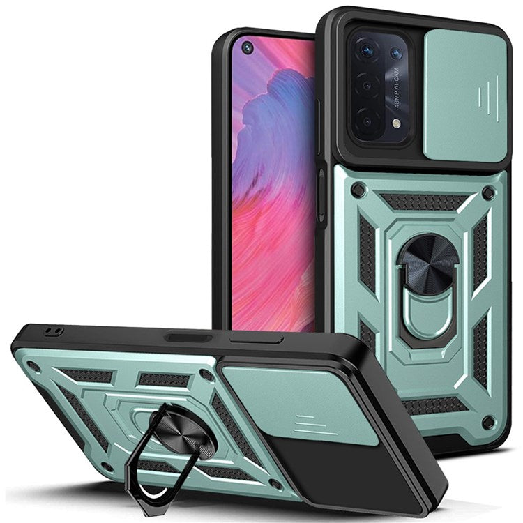 For Oppo A74 5G Multifunction Kickstand PC + TPU Hybrid Cover Slide Camera Protection Phone Case - Green