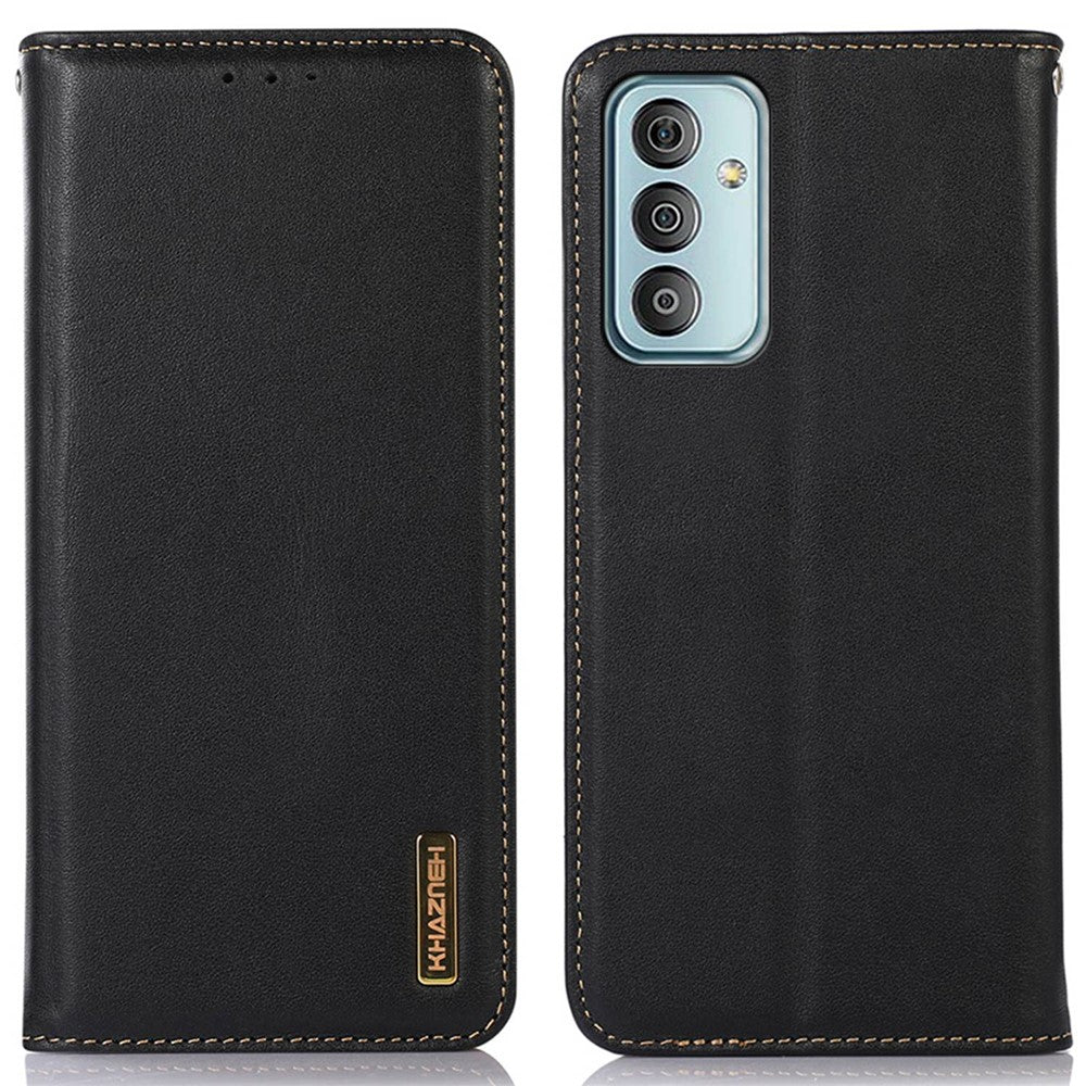 KHAZNEH For Samsung Galaxy M13 4G Genuine Cowhide Leather Nappa Texture Folio Flip Case Phone Wallet Stand Cover - Black