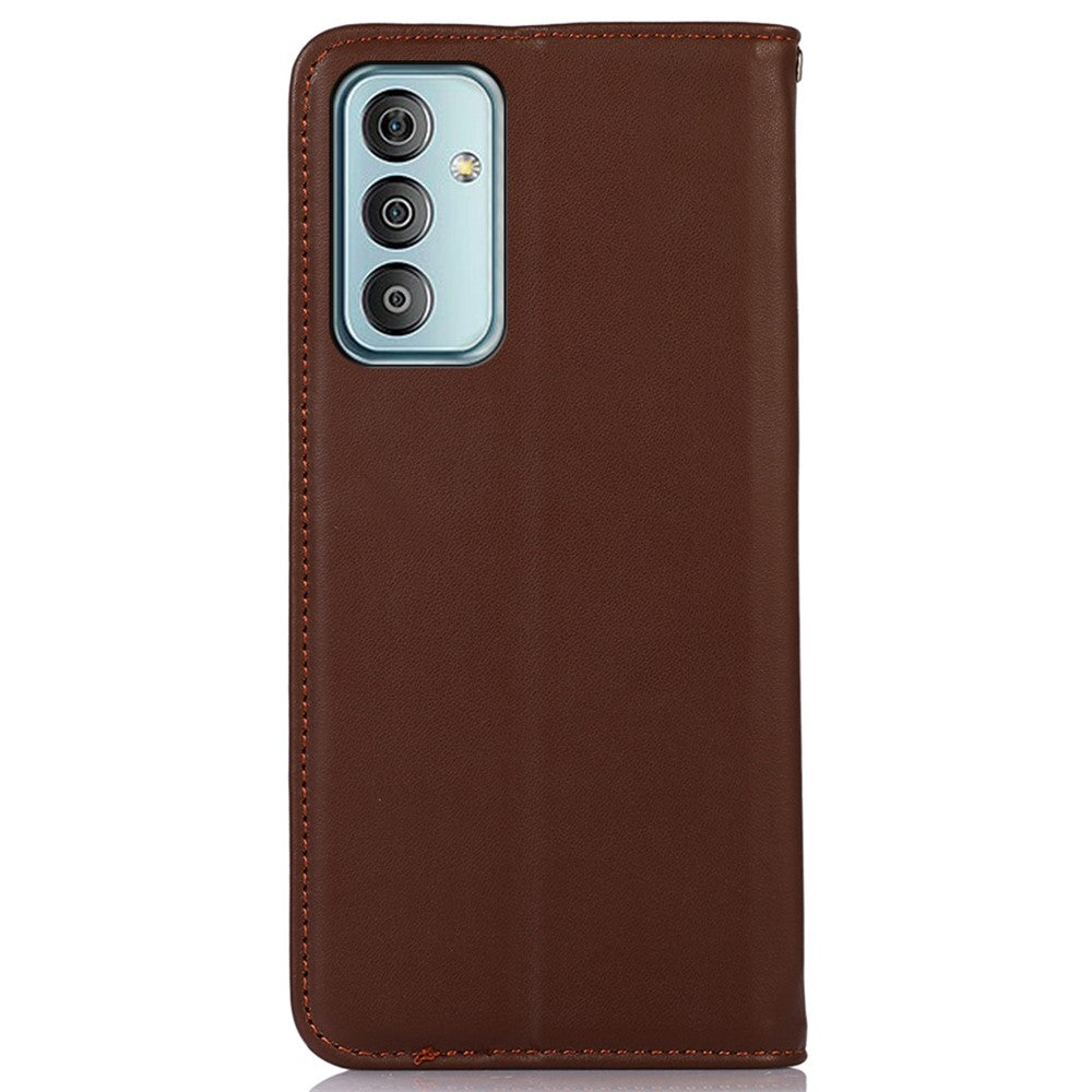 KHAZNEH For Samsung Galaxy M13 4G Genuine Cowhide Leather Nappa Texture Folio Flip Case Phone Wallet Stand Cover - Brown