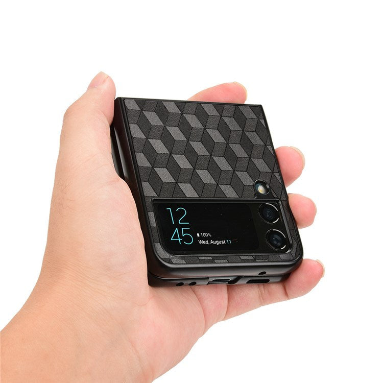For Samsung Galaxy Z Flip4 5G Anti-scratch Rhombus Imprinted Folding Phone Case Anti-drop PU Leather Coated PC Cover - Black