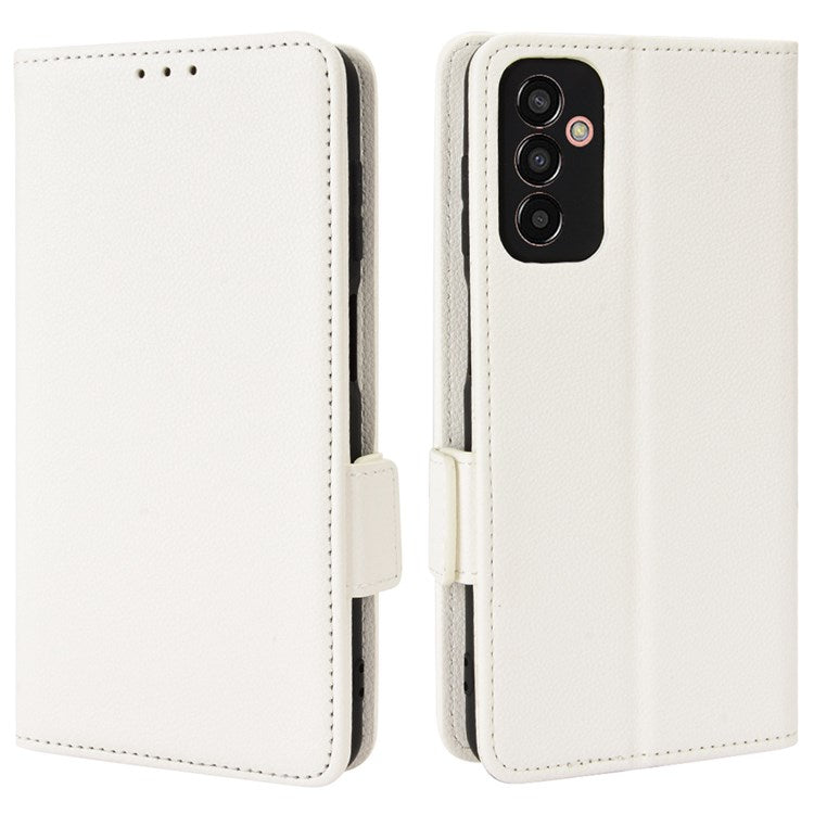 For Samsung Galaxy M13 4G PU Leather Litchi Texture Phone Case Stand Function Dual Magnetic Clasp Flip Wallet Cover - White