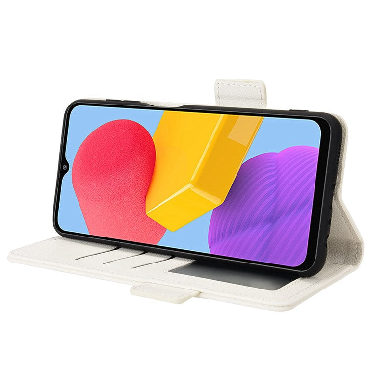 For Samsung Galaxy M13 4G PU Leather Litchi Texture Phone Case Stand Function Dual Magnetic Clasp Flip Wallet Cover - White