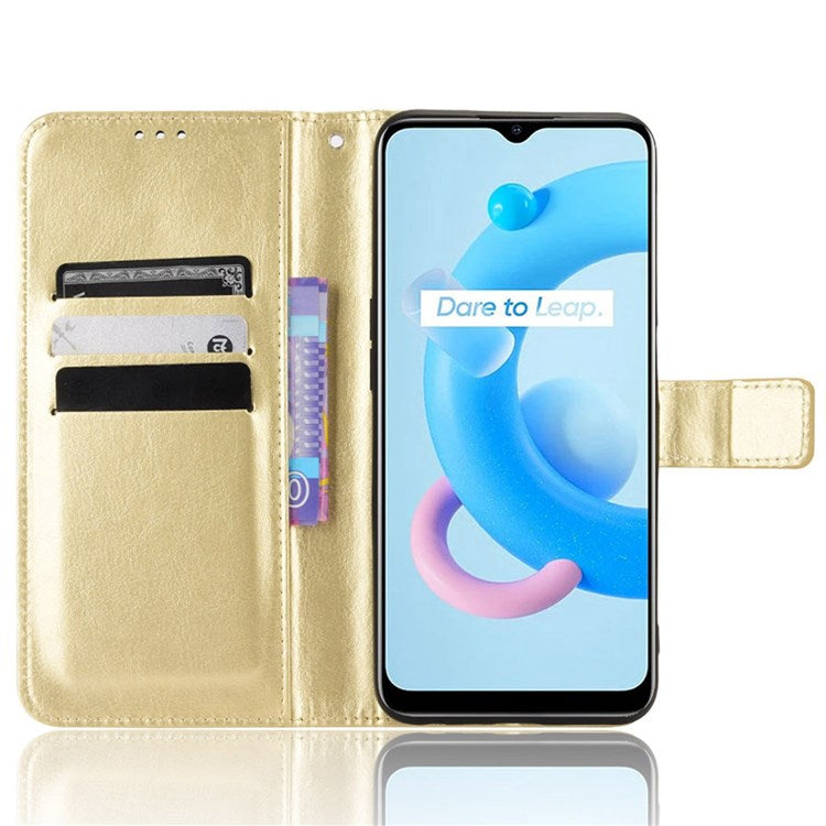 For Realme V20 5G Drop-proof Phone Wallet Case Anti-scratch Crazy Horse Texture PU Leather Stand Cover Protective Shell - Gold