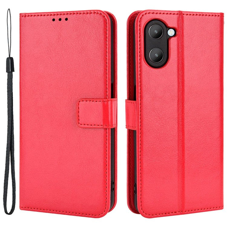 For Realme V20 5G Drop-proof Phone Wallet Case Anti-scratch Crazy Horse Texture PU Leather Stand Cover Protective Shell - Red
