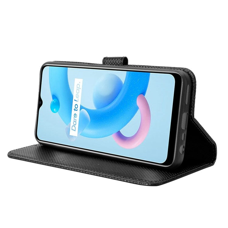 For Realme V20 5G Shockproof Phone Wallet Case Diamond Texture PU Leather Anti-scratch Phone Cover with Wrist Strap - Black