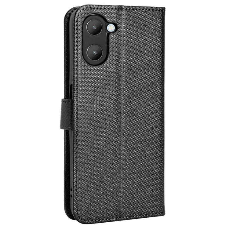 For Realme V20 5G Shockproof Phone Wallet Case Diamond Texture PU Leather Anti-scratch Phone Cover with Wrist Strap - Black