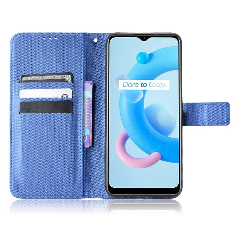 For Realme V20 5G Shockproof Phone Wallet Case Diamond Texture PU Leather Anti-scratch Phone Cover with Wrist Strap - Blue